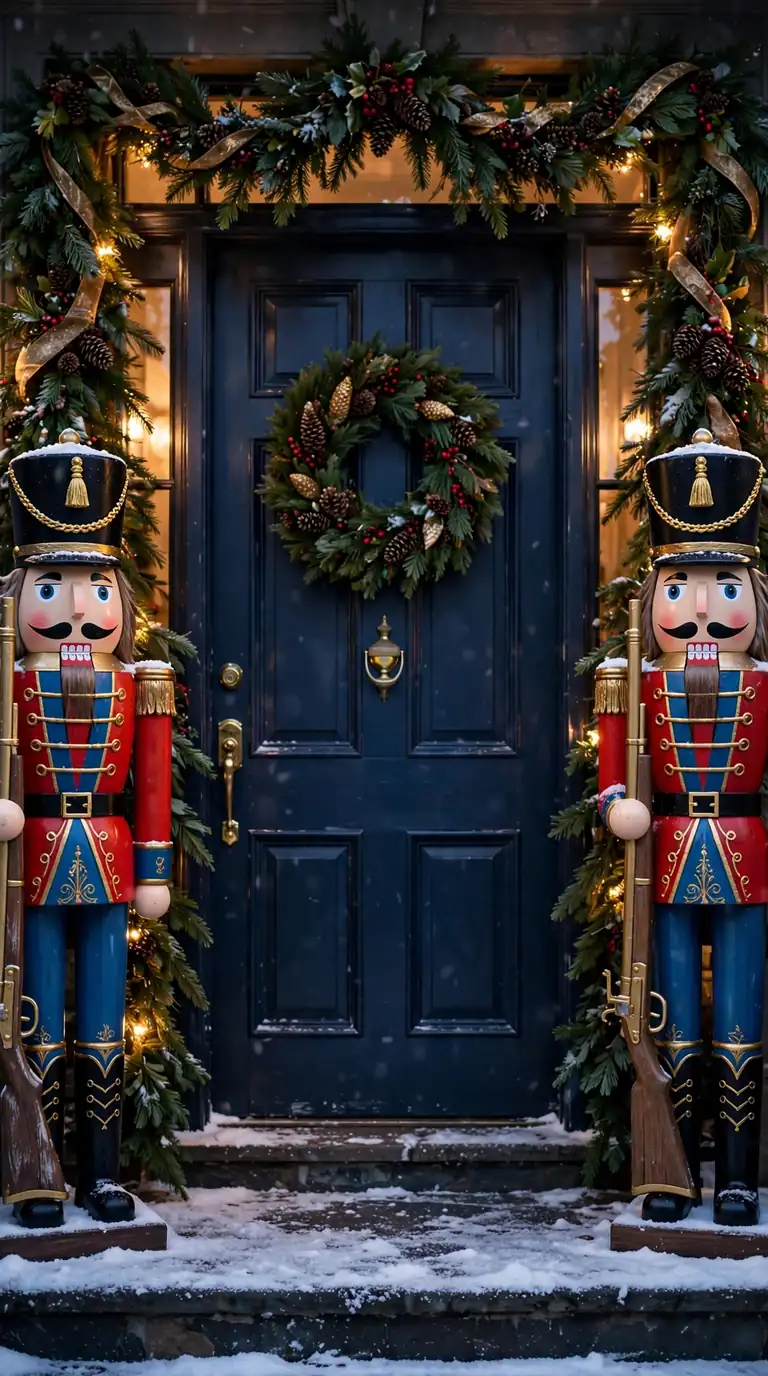 18 Christmas Porch Decor Ideas for a Magical Welcome Large traditional nutcracker soldier figures guarding a Christmas front door
