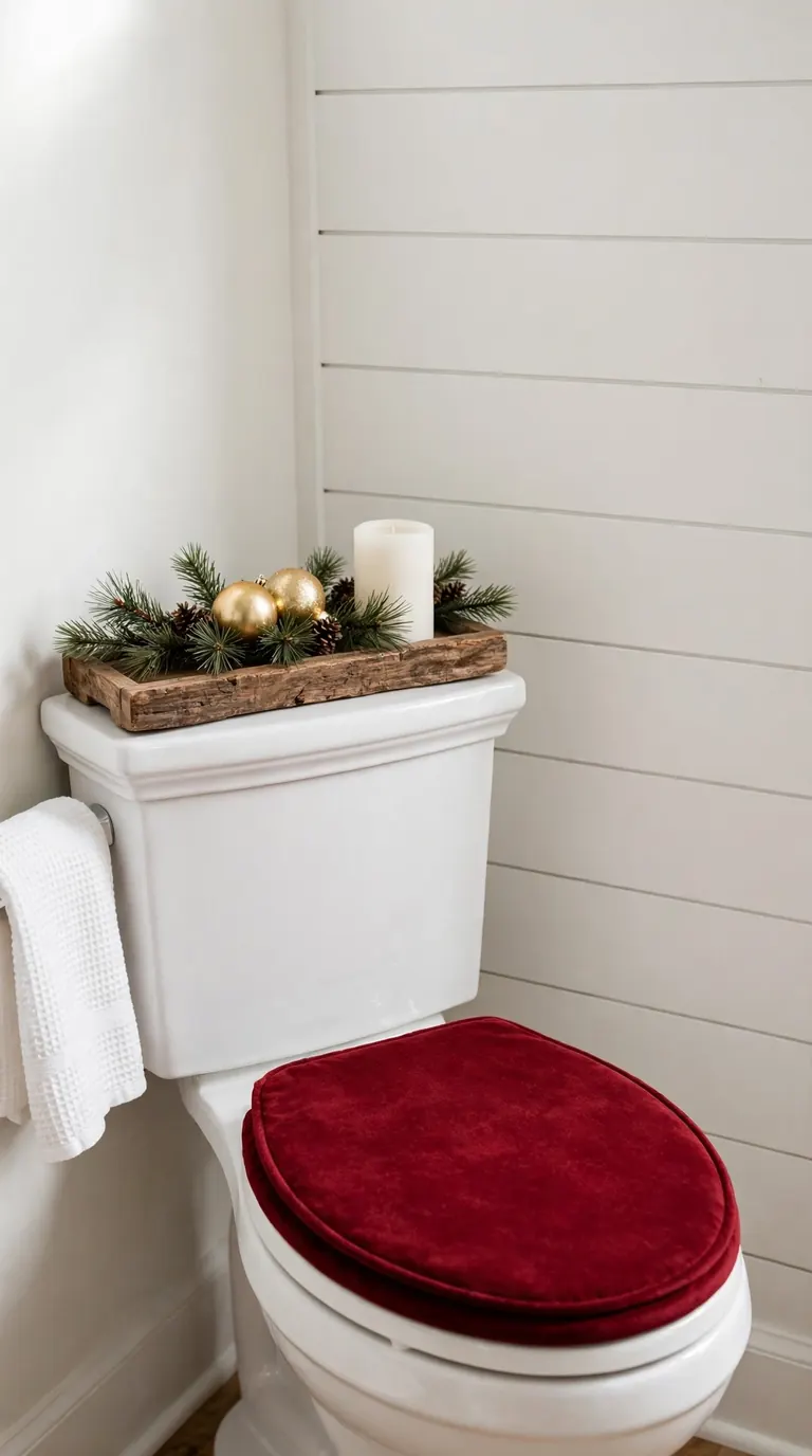 White toilet with a deep red festive toilet lid cover and a wooden tray with pine garland and candle on the tank