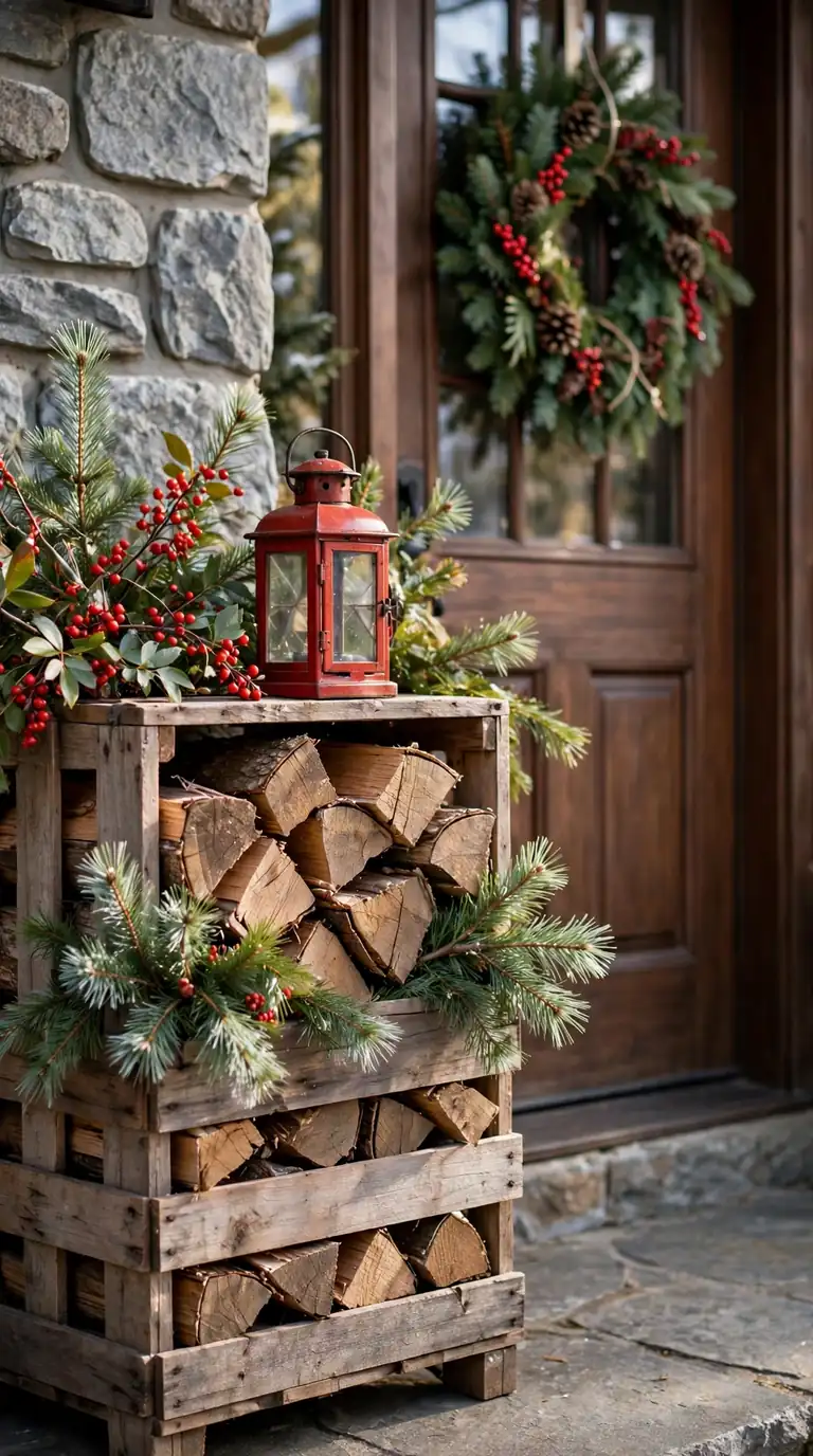 18 Christmas Porch Decor Ideas for a Magical Welcome Rustic wooden crate of firewood with pine sprigs and a lantern beside a front door