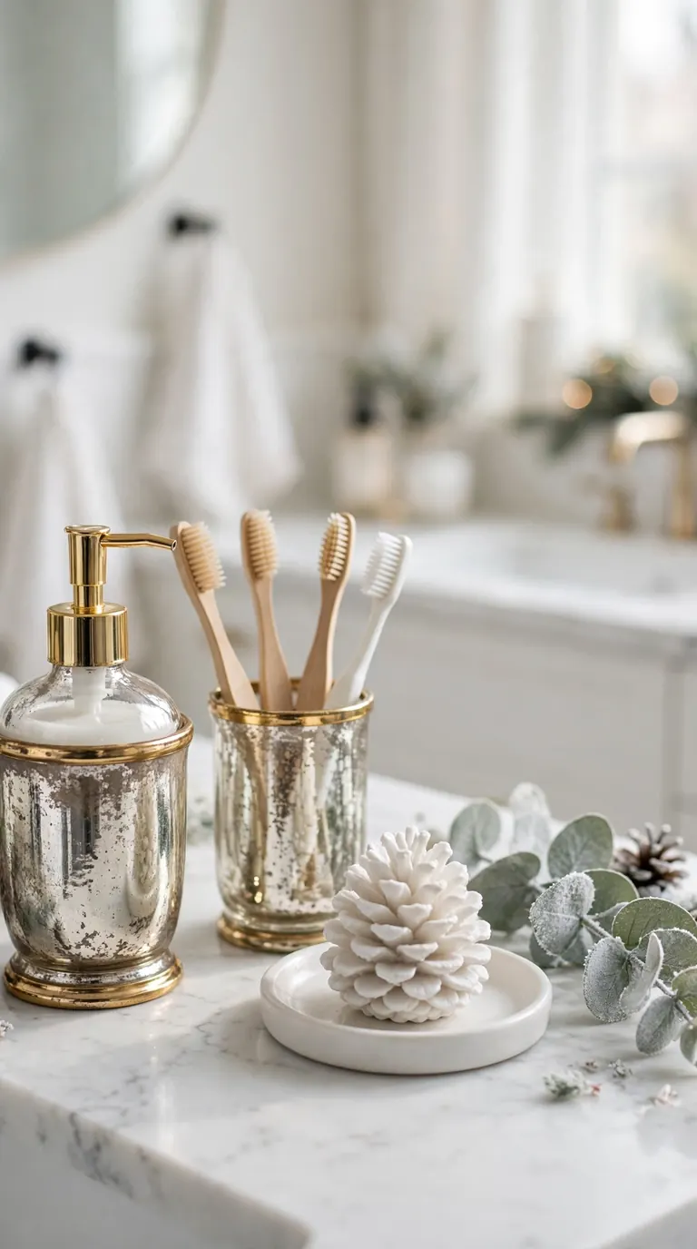 Antique mercury glass soap dispenser and toothbrush holder with gold rims on a white bathroom vanity at Christmas