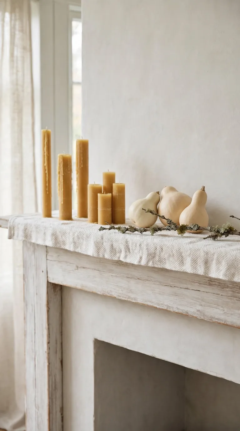 Scandinavian thanksgiving mantel decor with whitewashed wood and candles