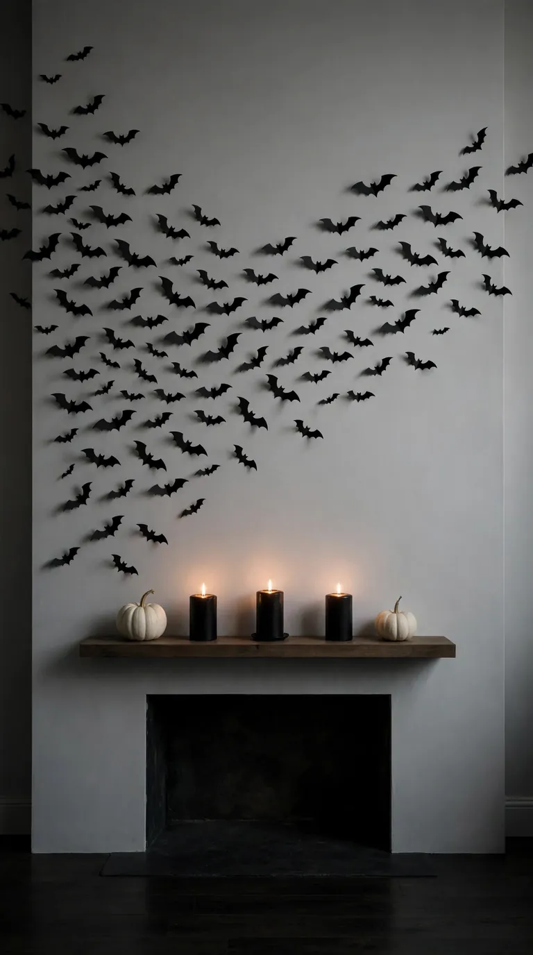 Paper bat silhouettes flying across the wall above a simple Halloween mantel