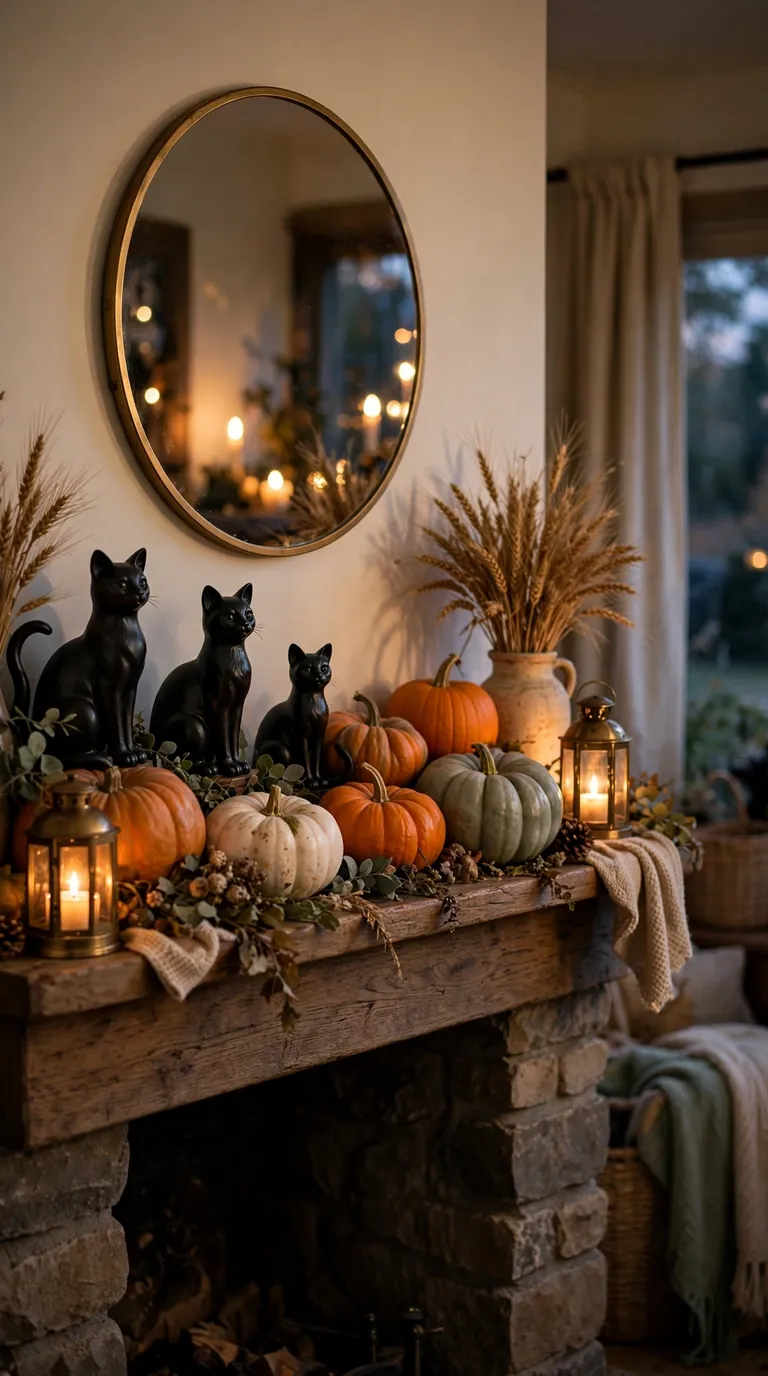 Black cat figurines among heirloom pumpkins and lanterns on a Halloween mantel