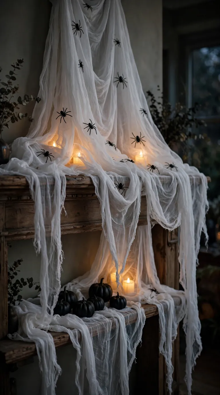 Halloween mantel draped in white creepy cloth with spiders and glowing candles