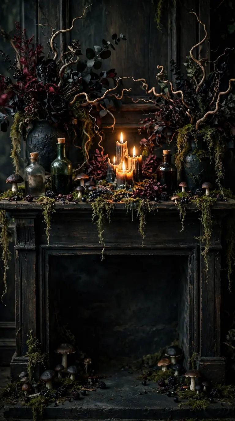 Enchanted forest Halloween mantel with dark florals, twigs, moss and potion bottles