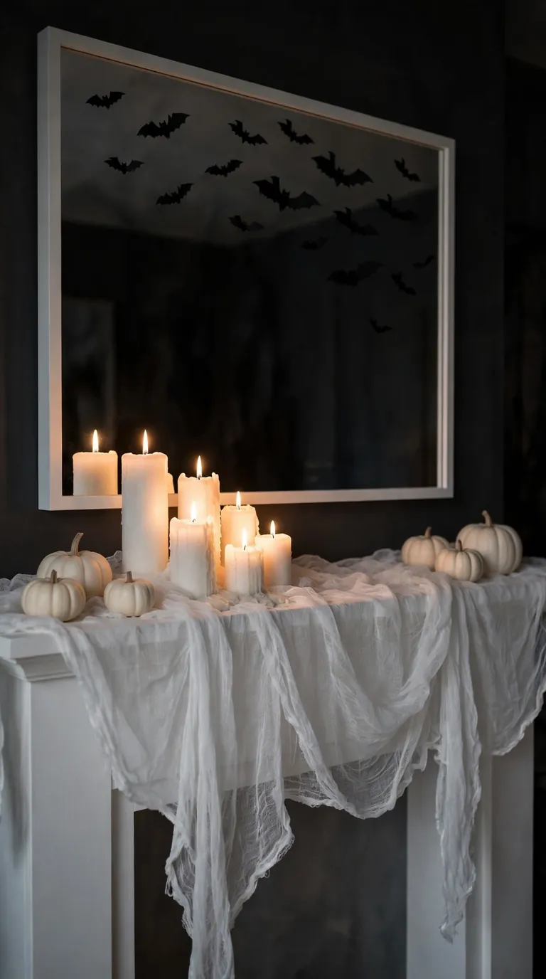 White pillar candle cluster with cheesecloth draped over a Halloween mantel