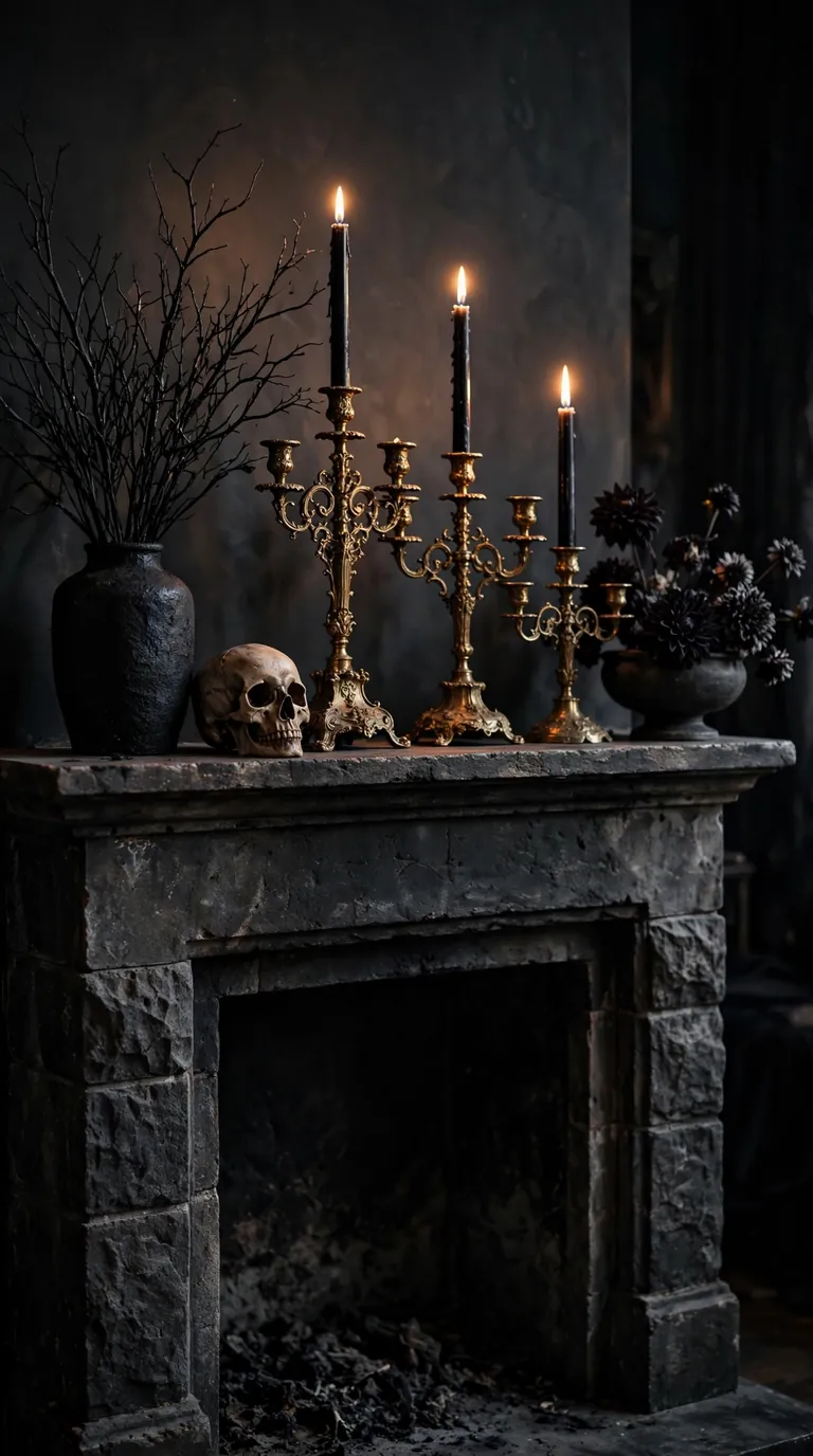 Gothic Halloween mantel decor with tall black taper candles in brass candelabras and a vintage skull