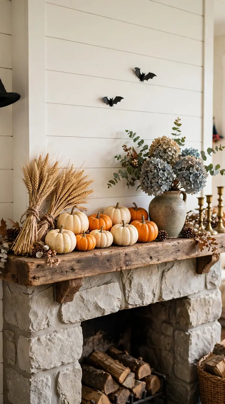 Autumn harvest mantel with wheat, pumpkins and one witch hat for Halloween