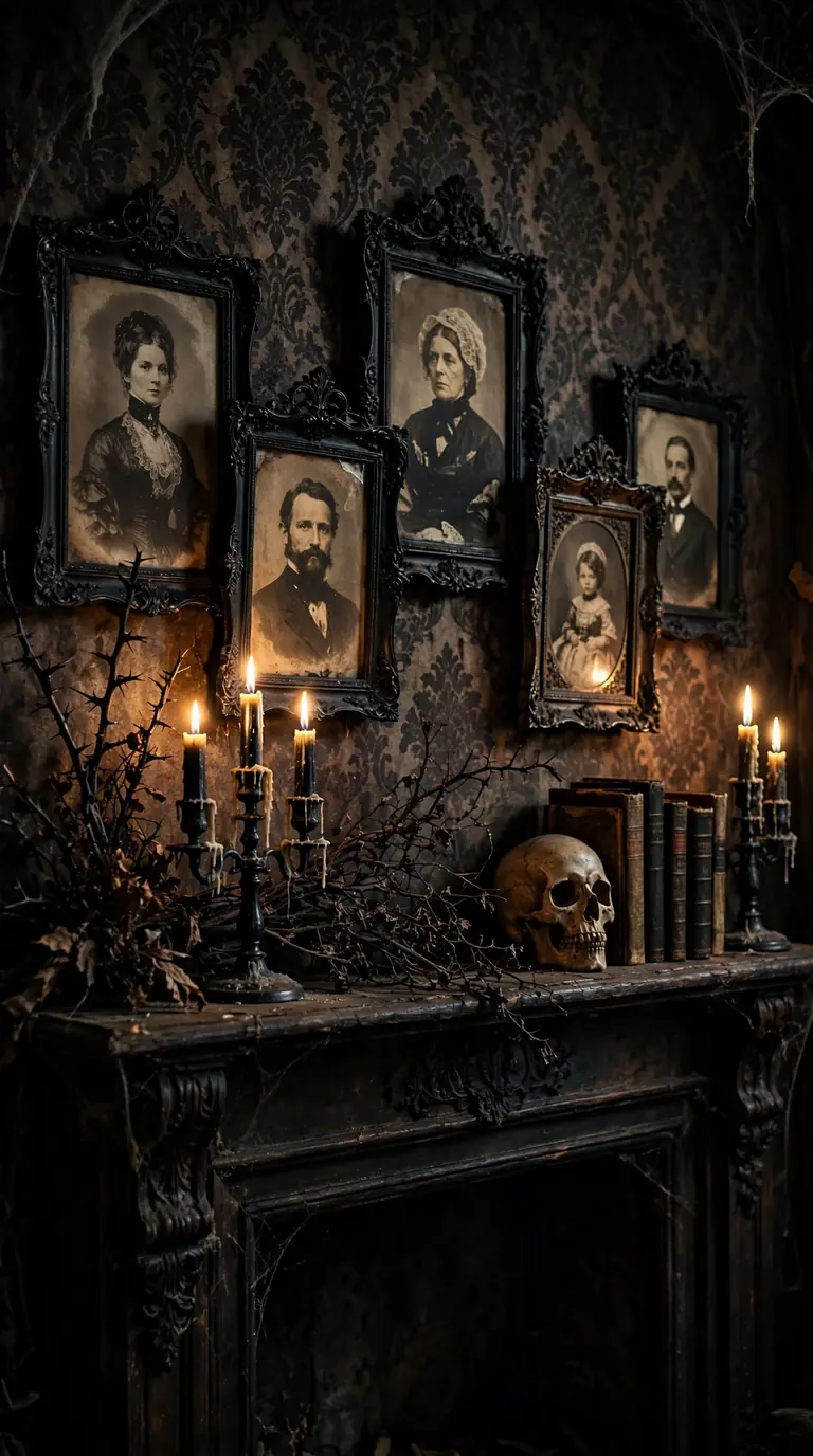 Old sepia portraits in black vintage frames on a haunted Halloween mantel