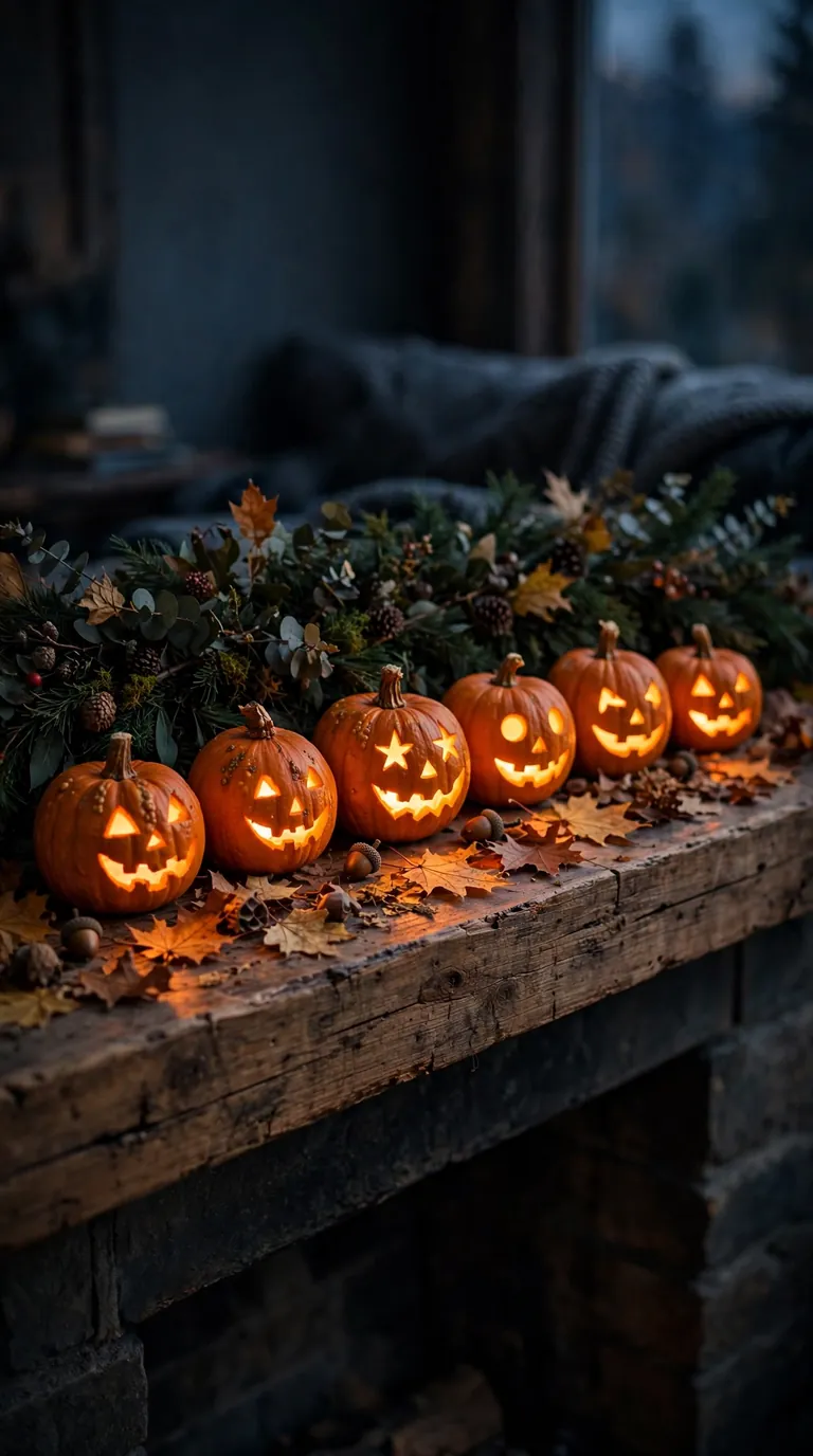 Glowing carved jack-o'-lanterns lined along a rustic Halloween mantel at dusk