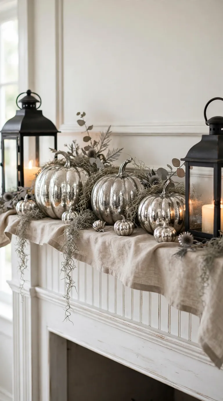 Silver mercury glass pumpkins, moss and black lanterns on a Halloween mantel