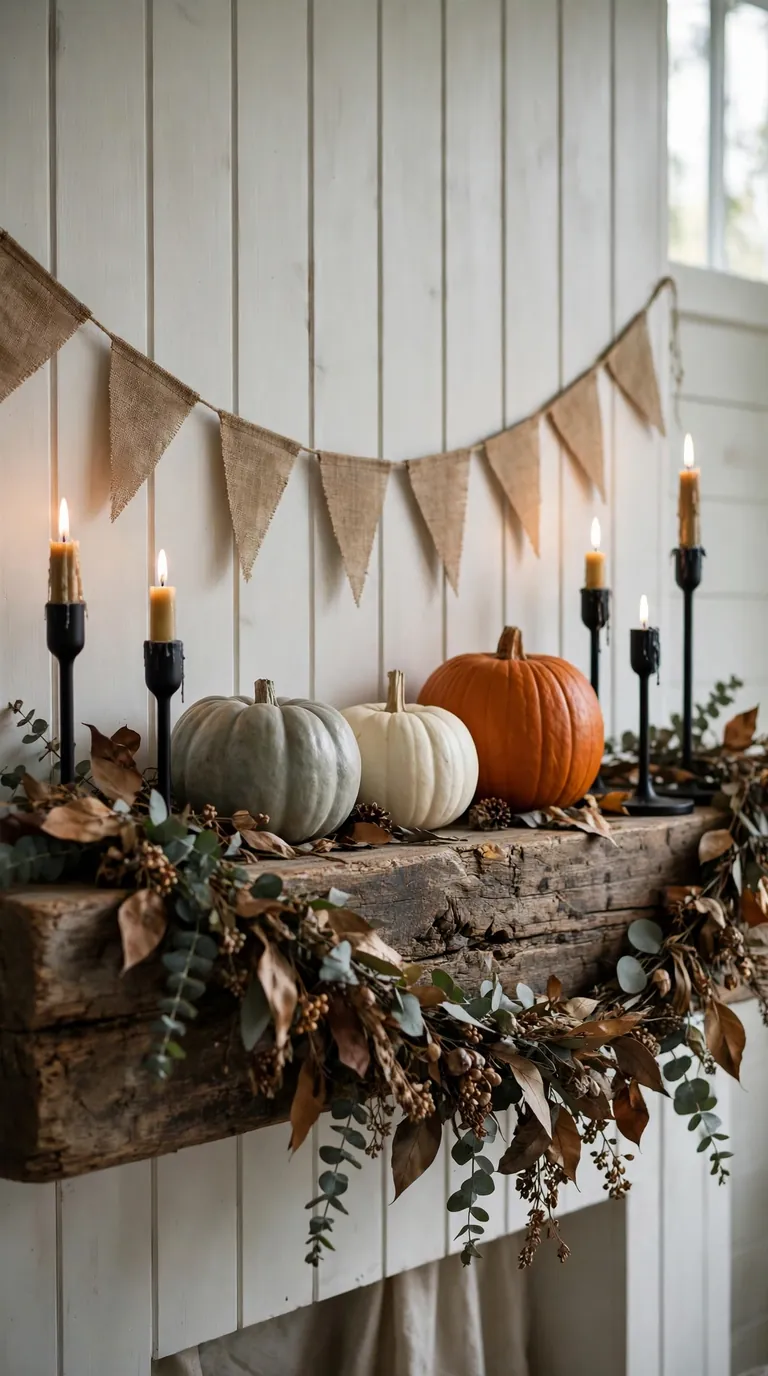 Moody farmhouse Halloween mantel decor with burlap banner, wood beam and neutral pumpkins
