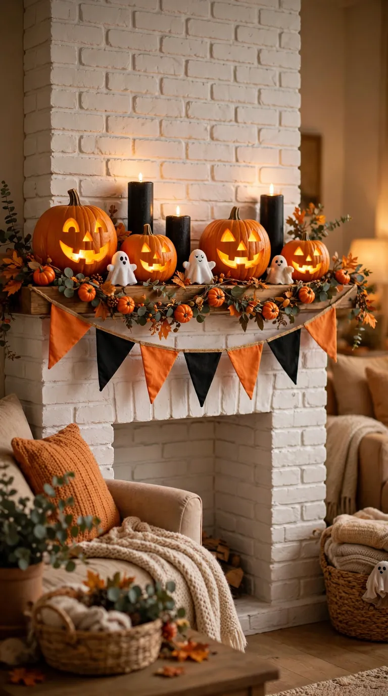 Classic orange and black Halloween fireplace decor with a fabric banner and glowing jack-o'-lanterns