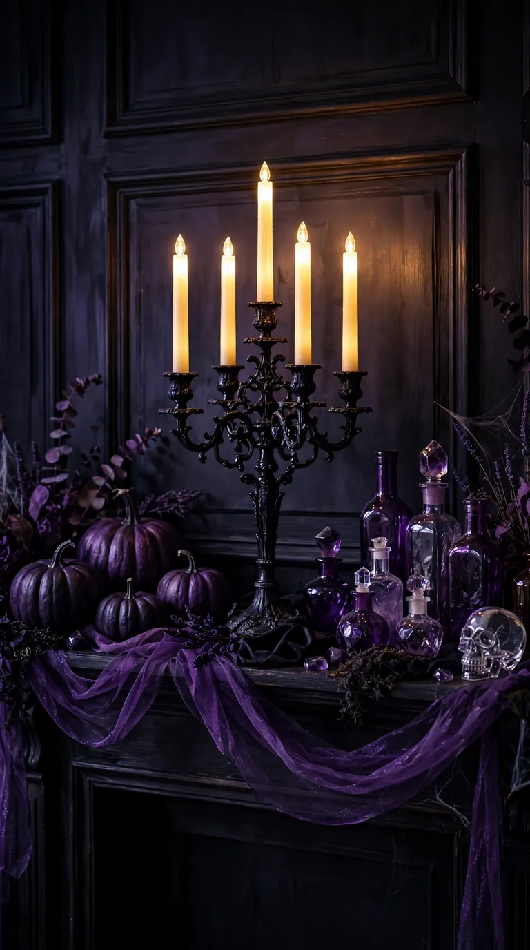 Gothic Halloween mantel with a black candelabra, purple ribbon and dark pumpkins