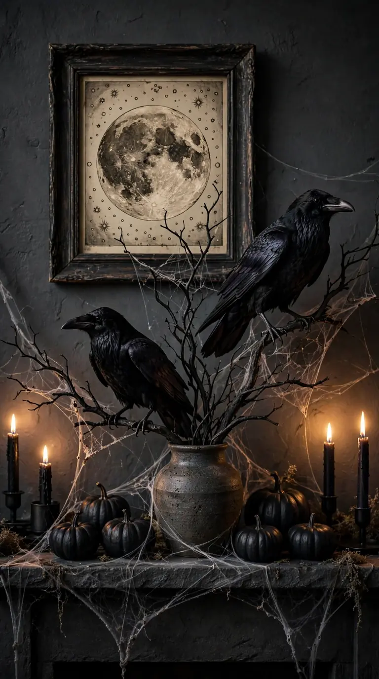 Spooky mantel decorating with faux ravens on black branches, cobweb and candles