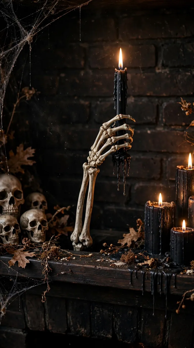 Skeleton hand holding a dripping black taper candle on a Halloween mantel