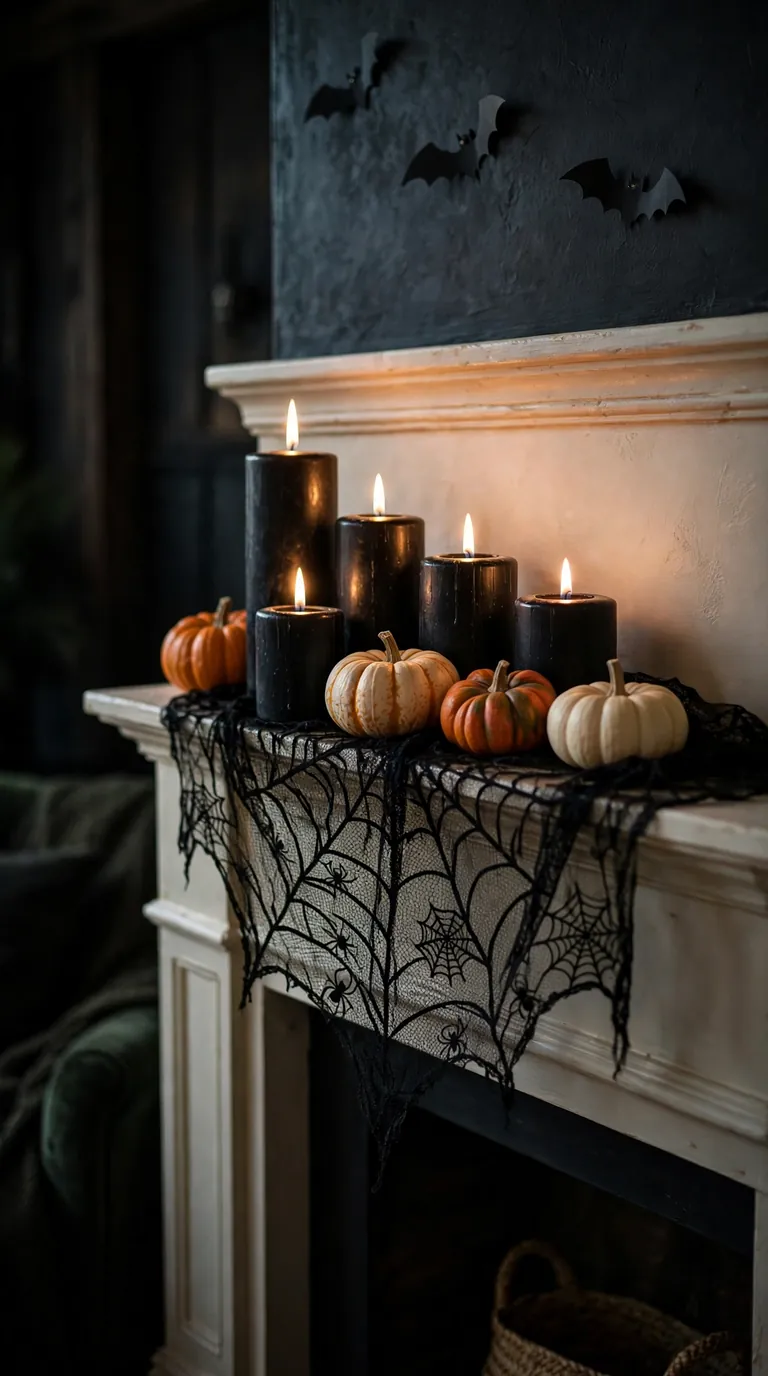Halloween mantel with a black lace spiderweb scarf, black candles and small pumpkins