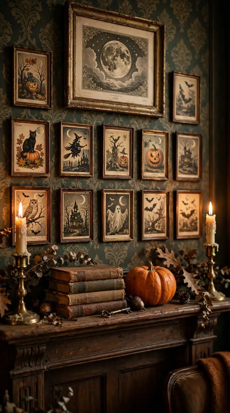 Vintage Halloween postcard prints in frames above a candlelit mantel