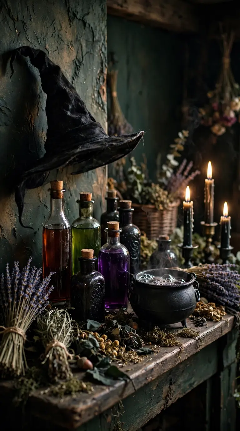 Witch-themed Halloween mantel with potion bottles, a witch hat and a small cauldron
