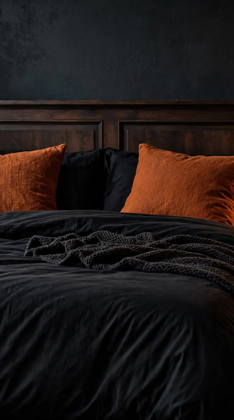 Halloween bedroom decor with black velvet bedding, burnt orange pillows and a knit throw