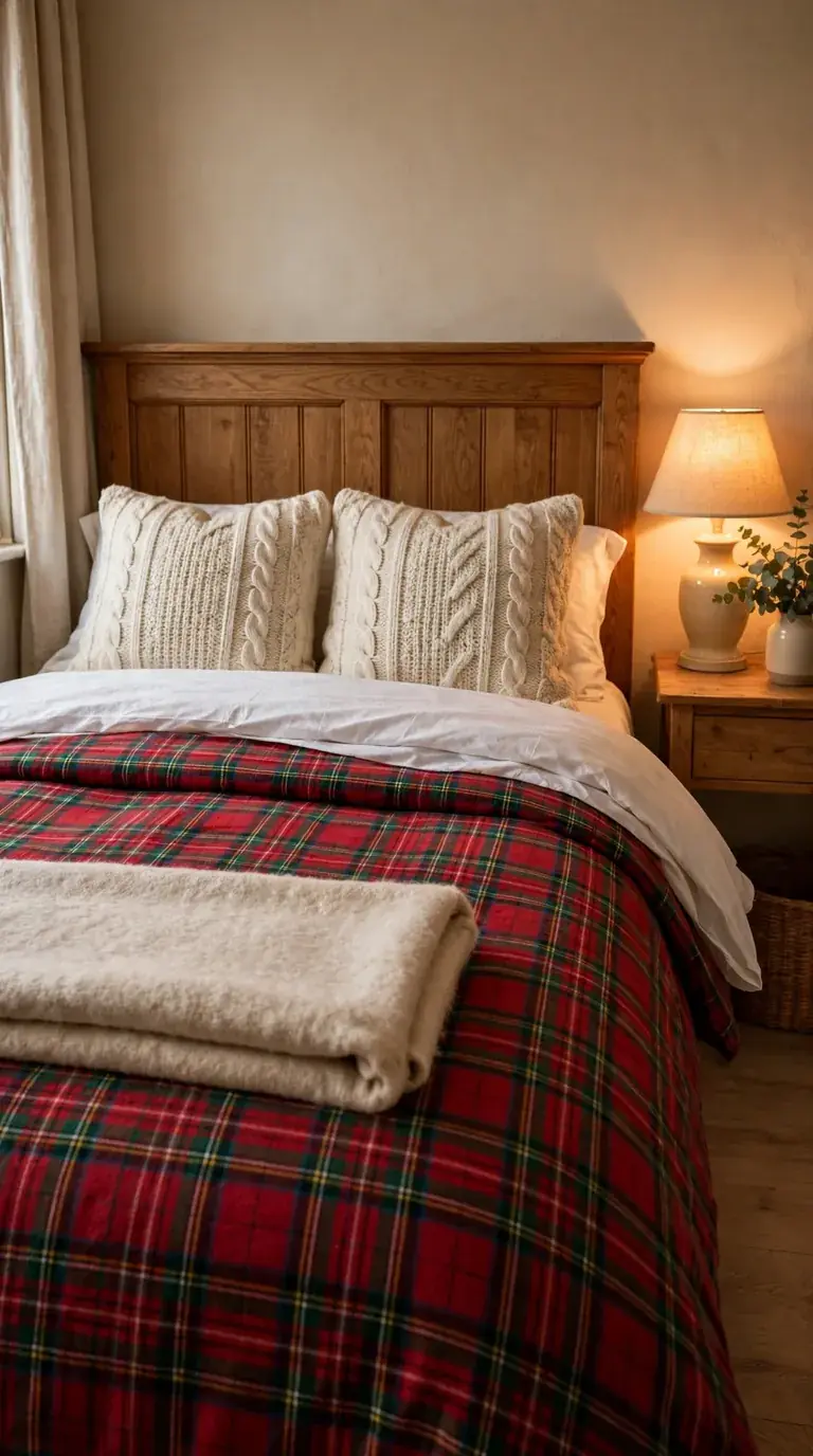 Guest bed with red plaid Christmas bedding layered over white sheets