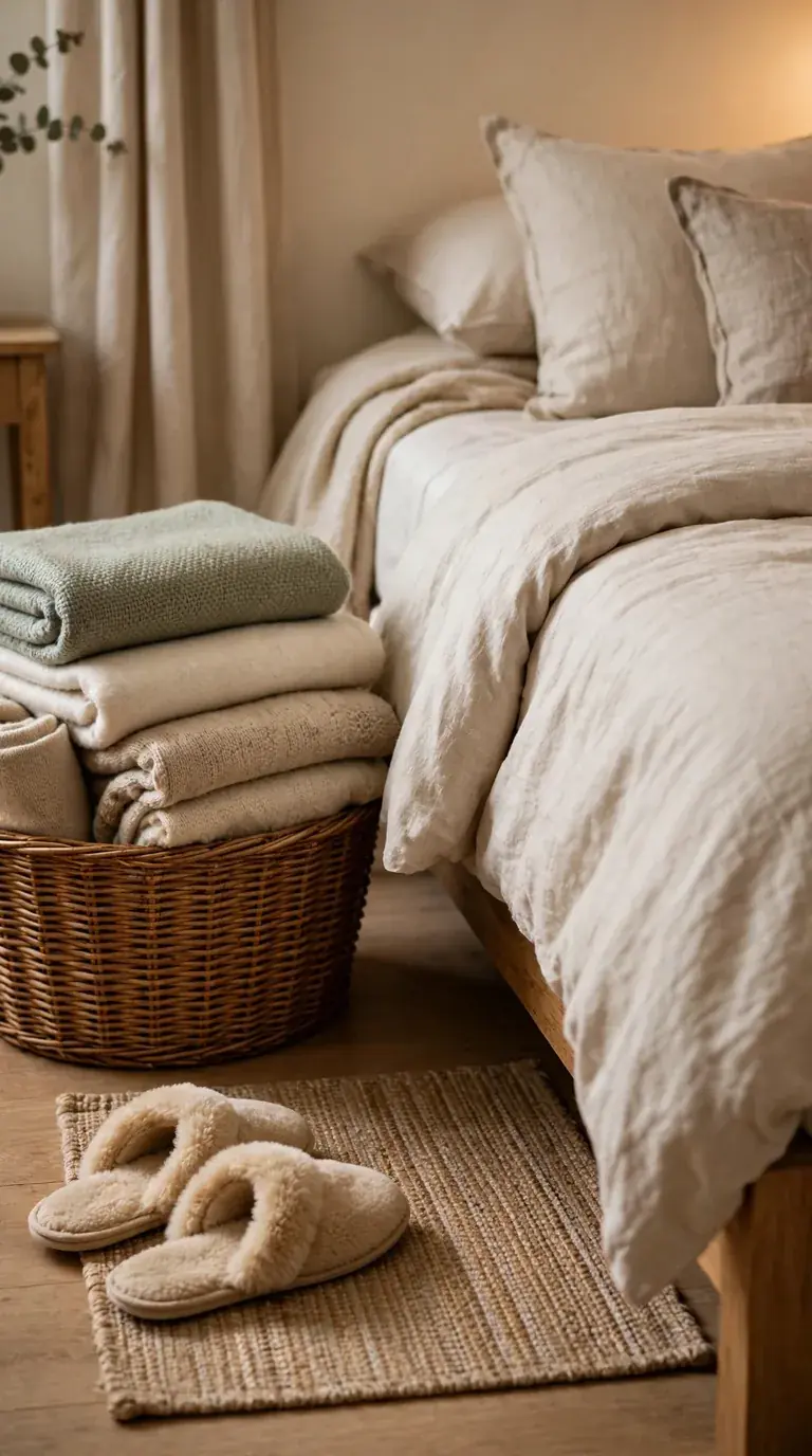 Basket of extra blankets and slippers beside a guest bed