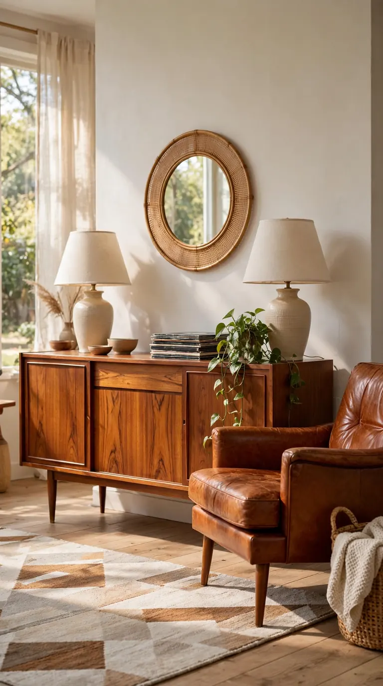 Mid-century teak sideboard in a warm neutral living room with decor