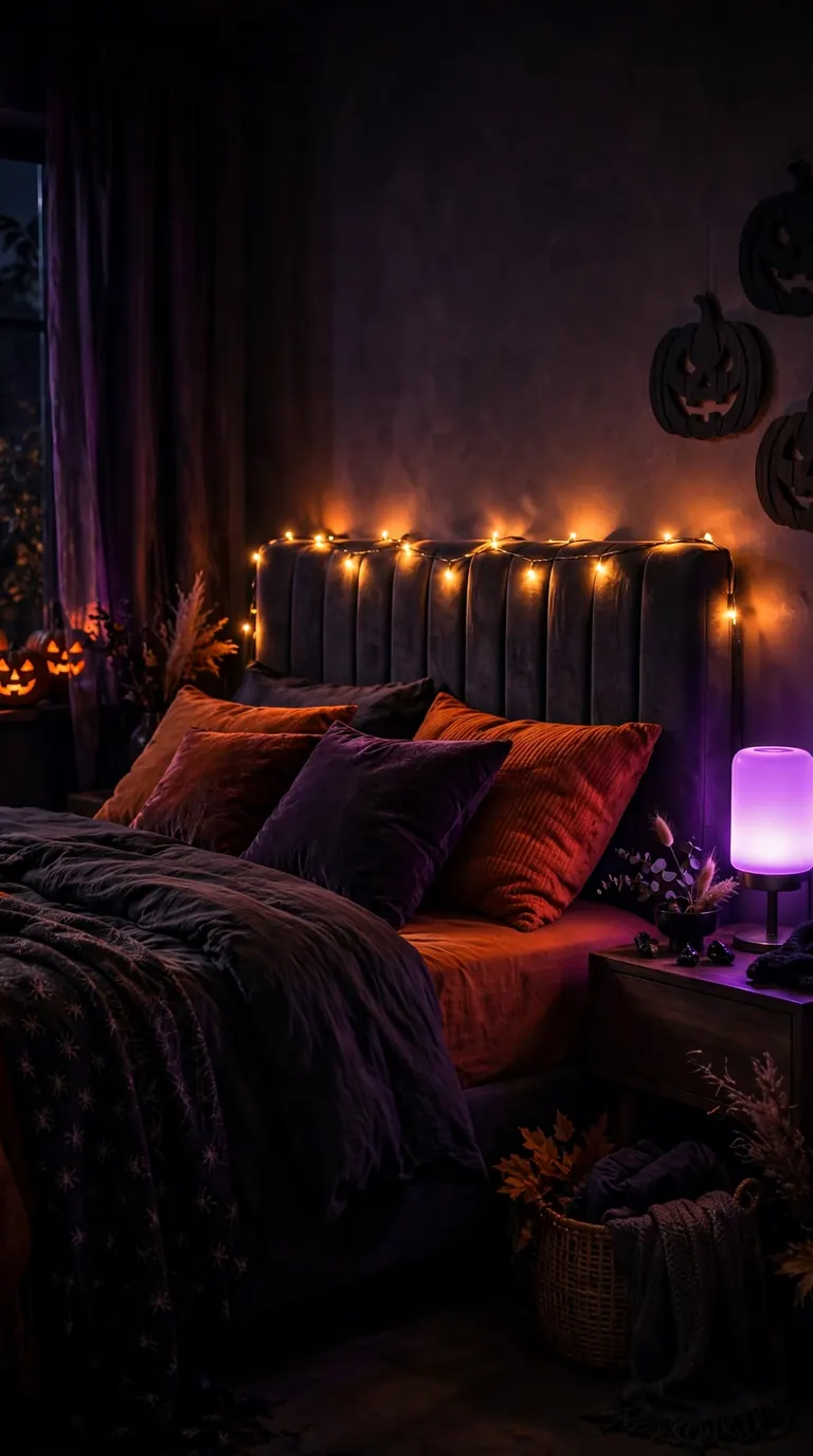 Halloween bedroom glowing with orange and purple string lights and lamps