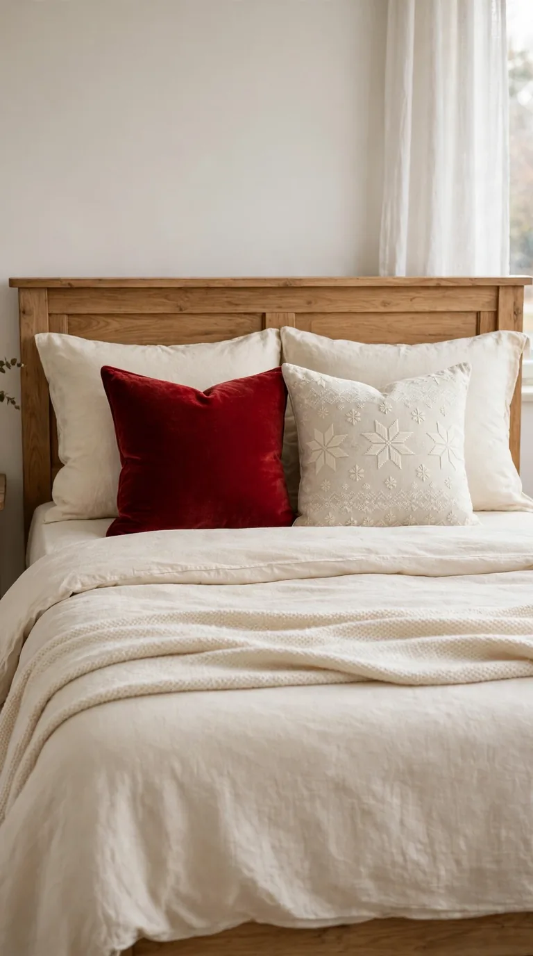 Neutral guest bedding with red velvet and snowflake throw pillows