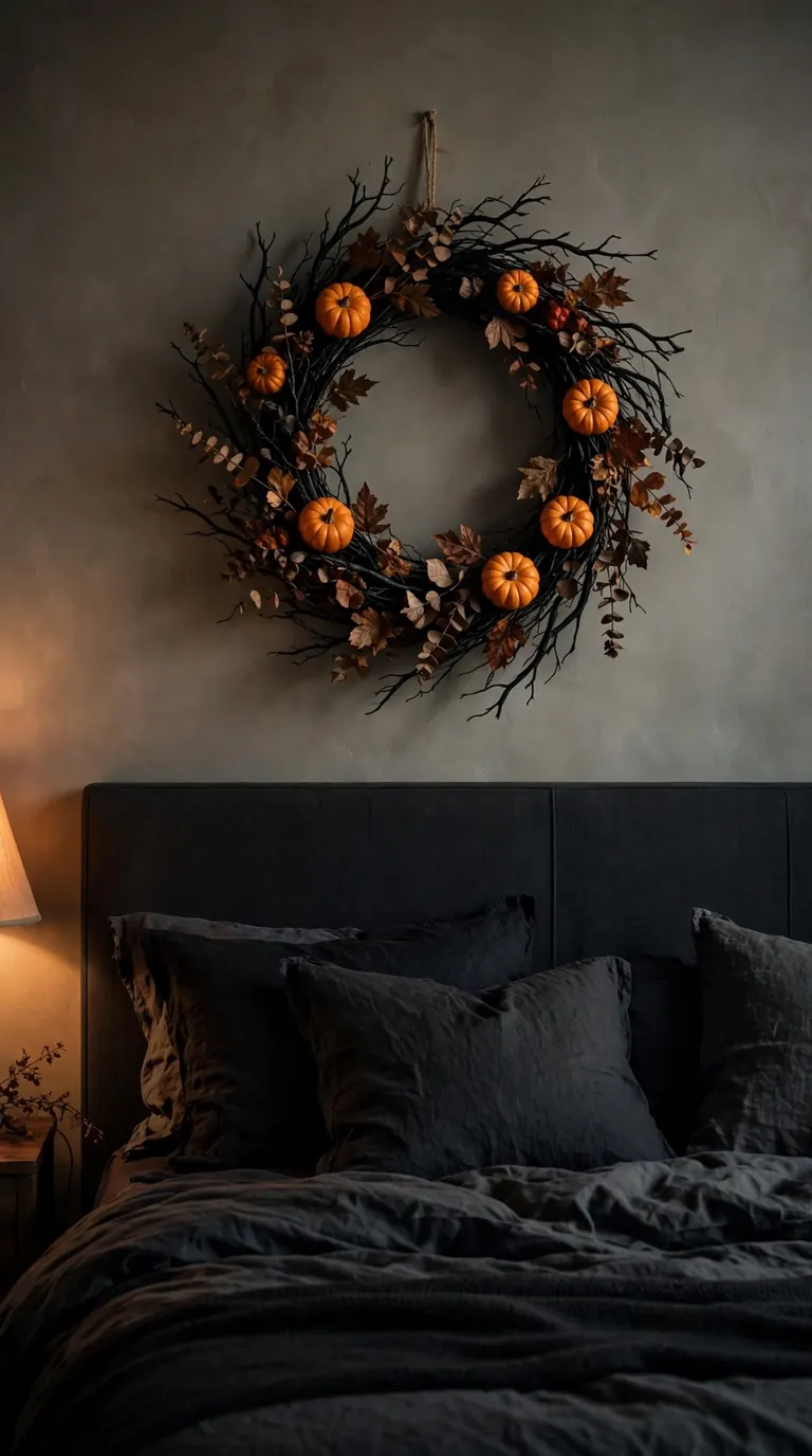 Halloween wreath of black branches and mini pumpkins hung above a bed headboard