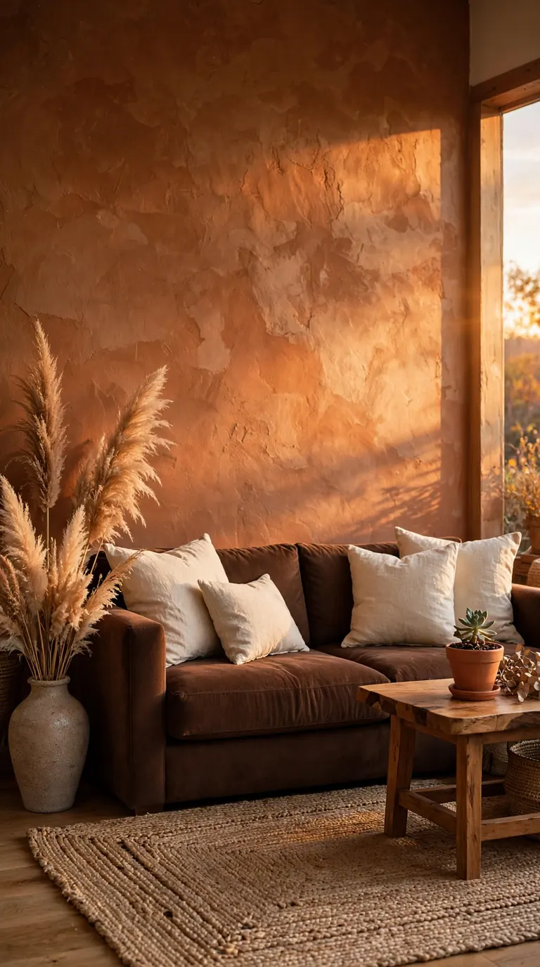 Terracotta and brown earthy living room with clay tones and warm textiles