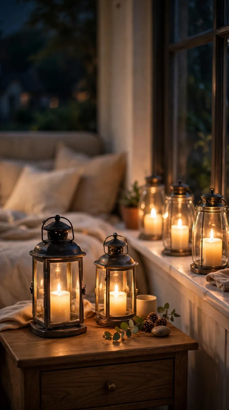 Battery candles glowing in glass lanterns on a guest nightstand