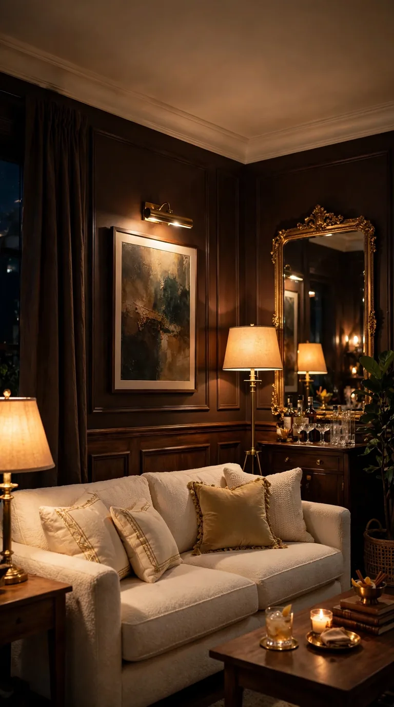 Moody dark chocolate brown walls with warm low lighting in a cosy living room