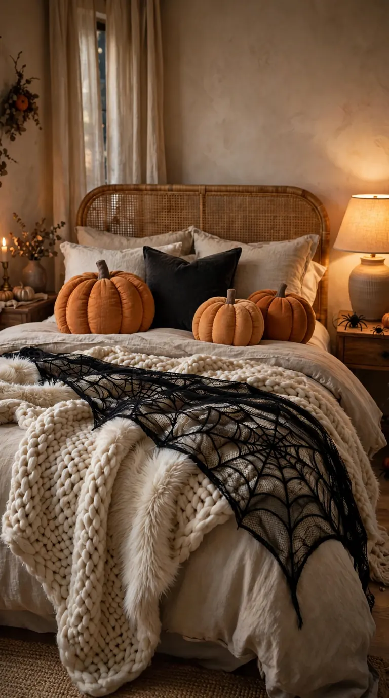 Cosy Halloween bed layered with faux fur throw and decorative spider web