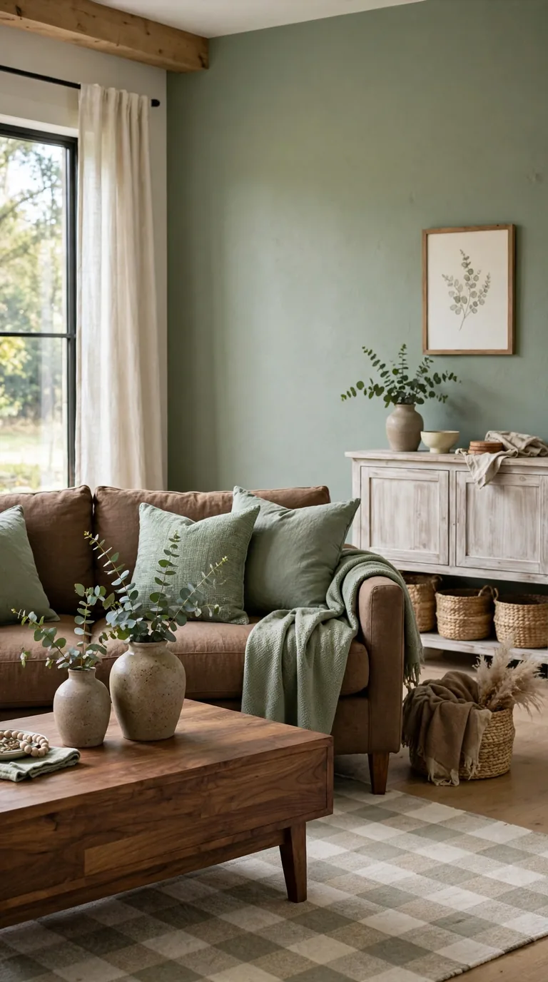 Modern farmhouse living room with brown furniture and sage green accents