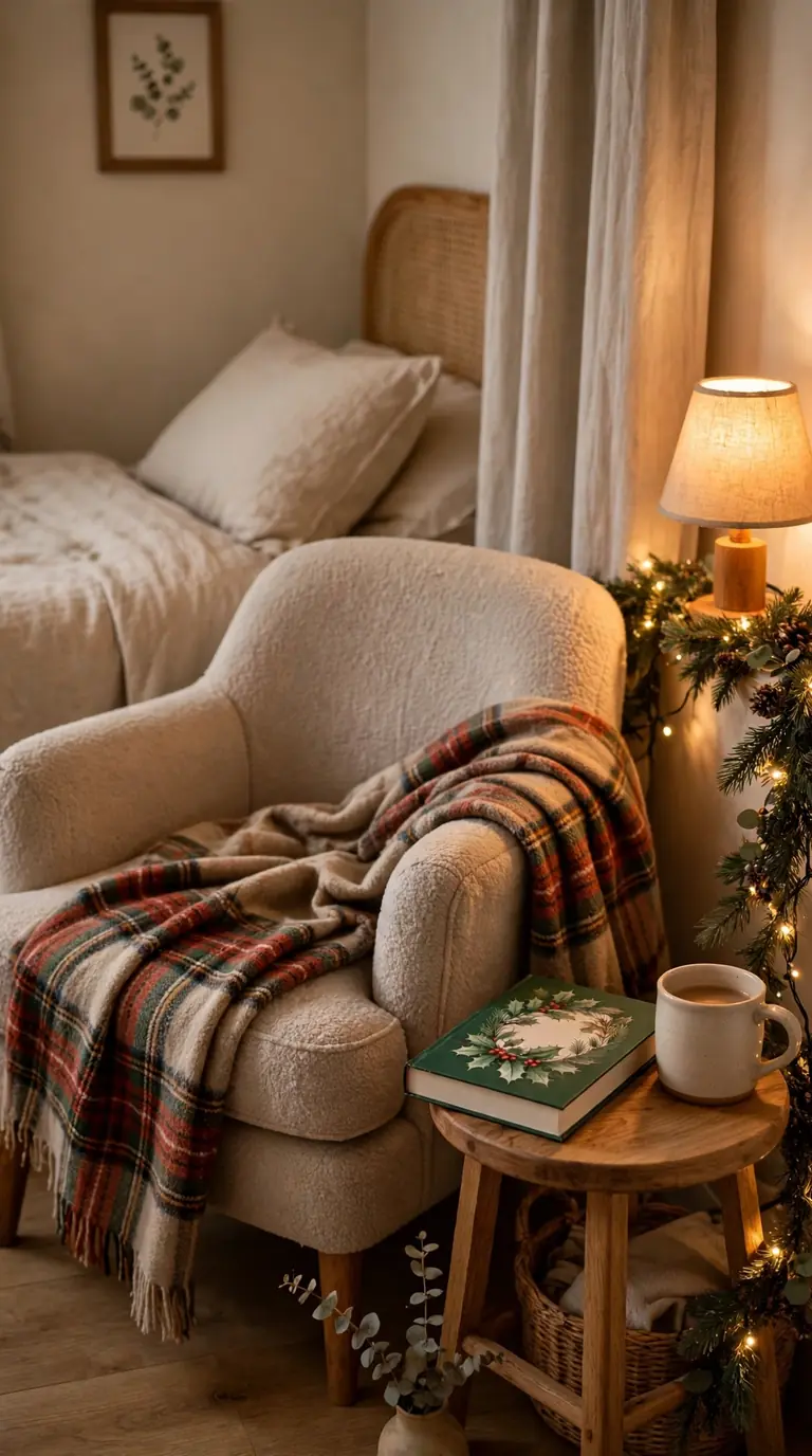 Cozy reading chair with plaid throw and holiday book in a guest bedroom