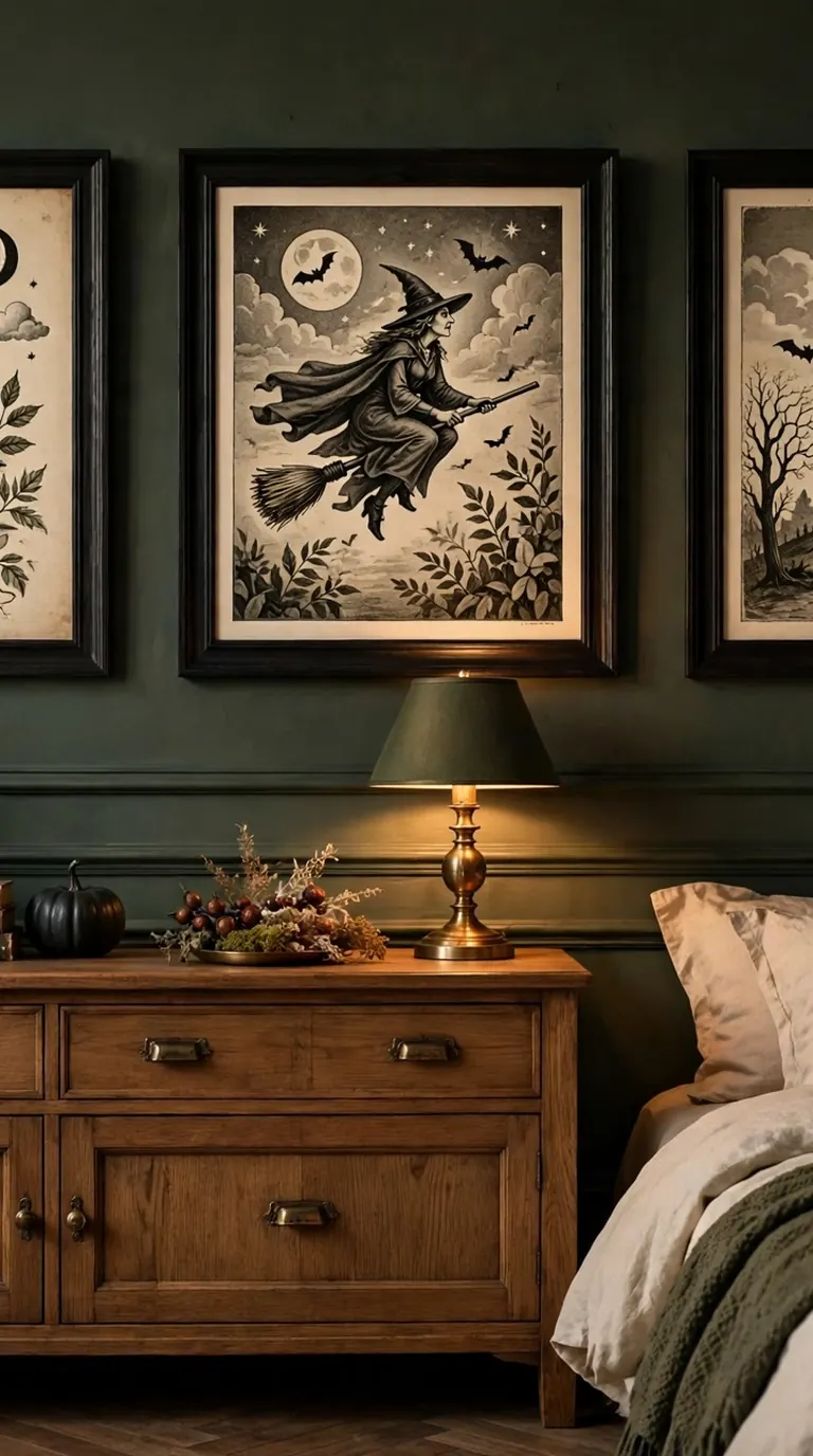 Vintage Halloween art prints in dark frames on a bedroom gallery wall