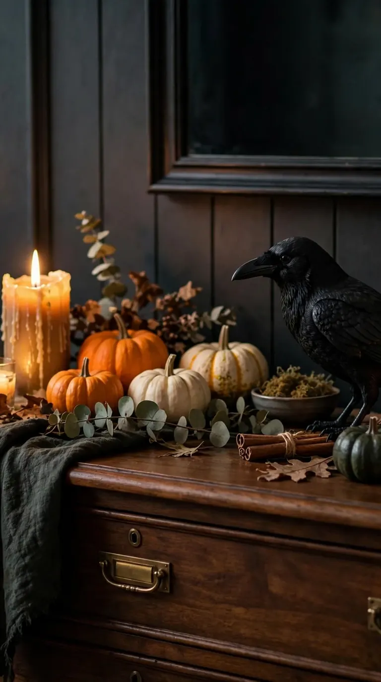 Black cat and crow figurines with pumpkins and candles on a Halloween dresser