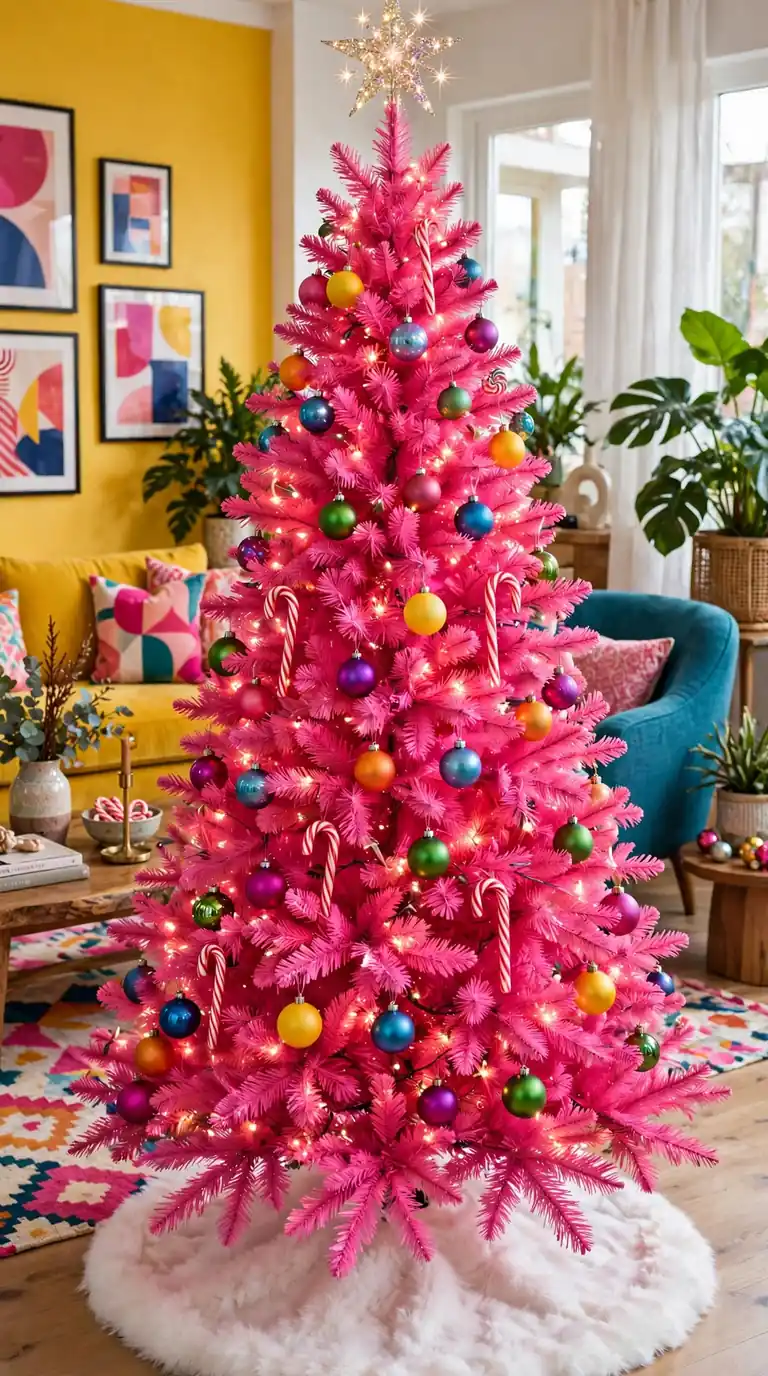 16 Pink Christmas Decor Ideas for a Pretty Holiday Vibrant hot pink Christmas tree with colourful ornaments and candy canes in a bold living room