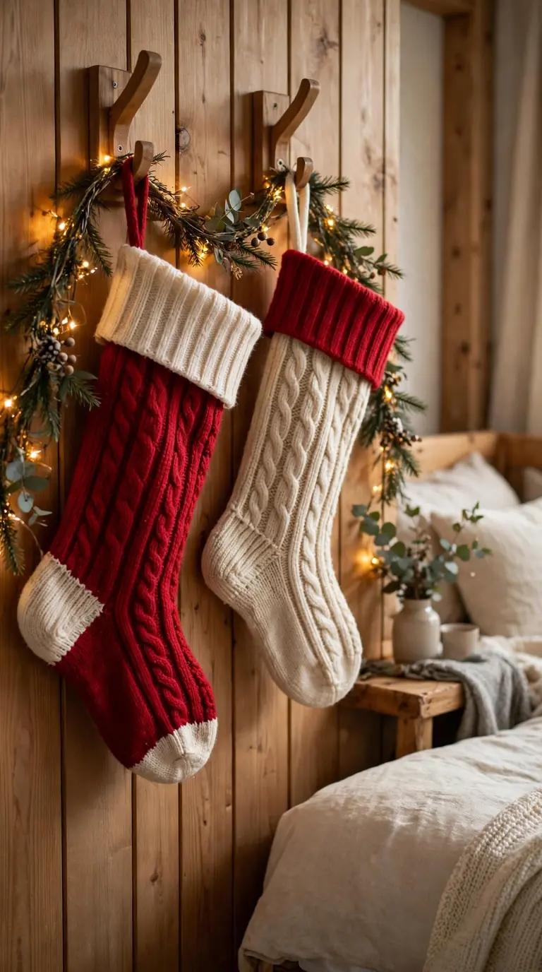 Knit Christmas stockings hanging on wall hooks beside a guest bed