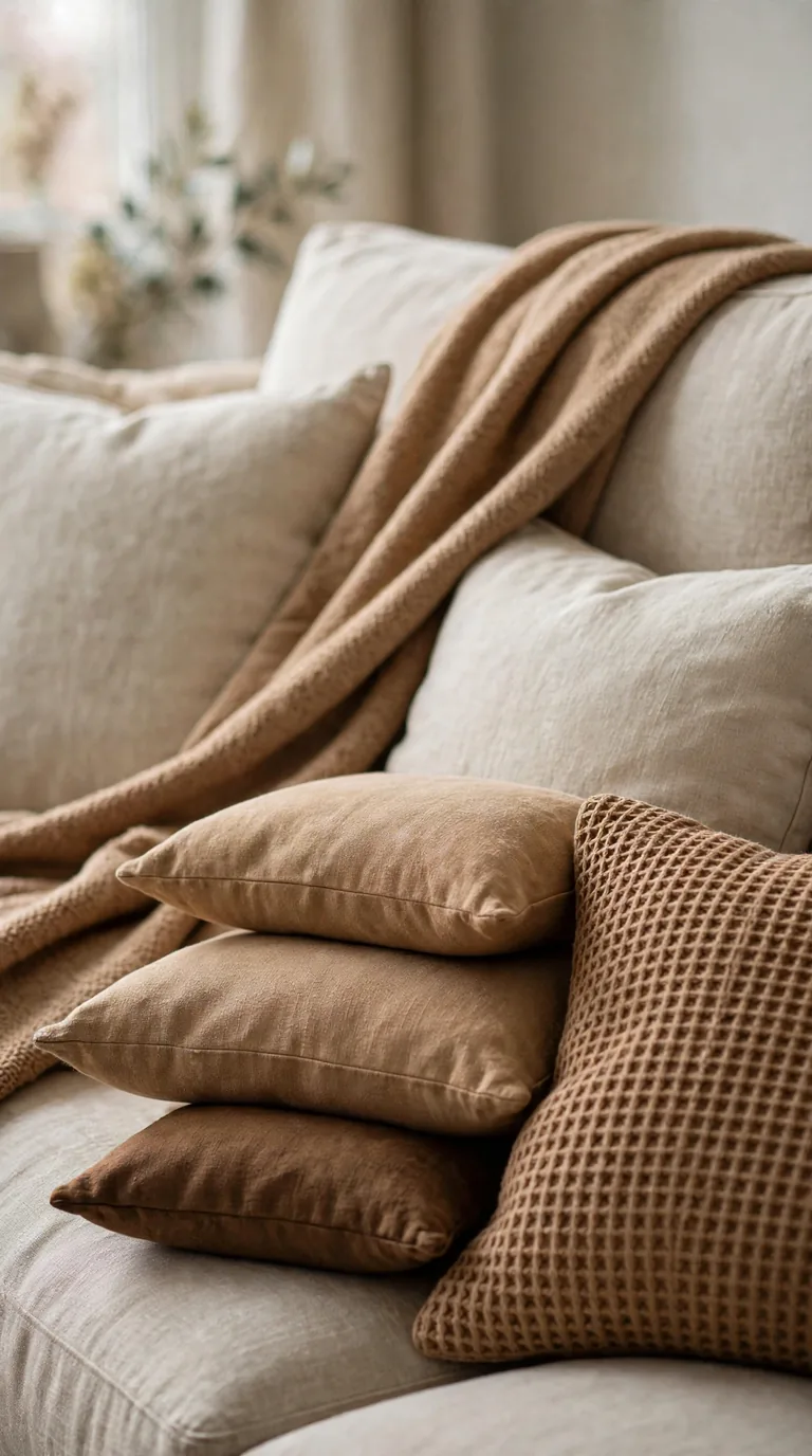 Beige sofa layered with tan and camel throws and cushions in a cosy living room