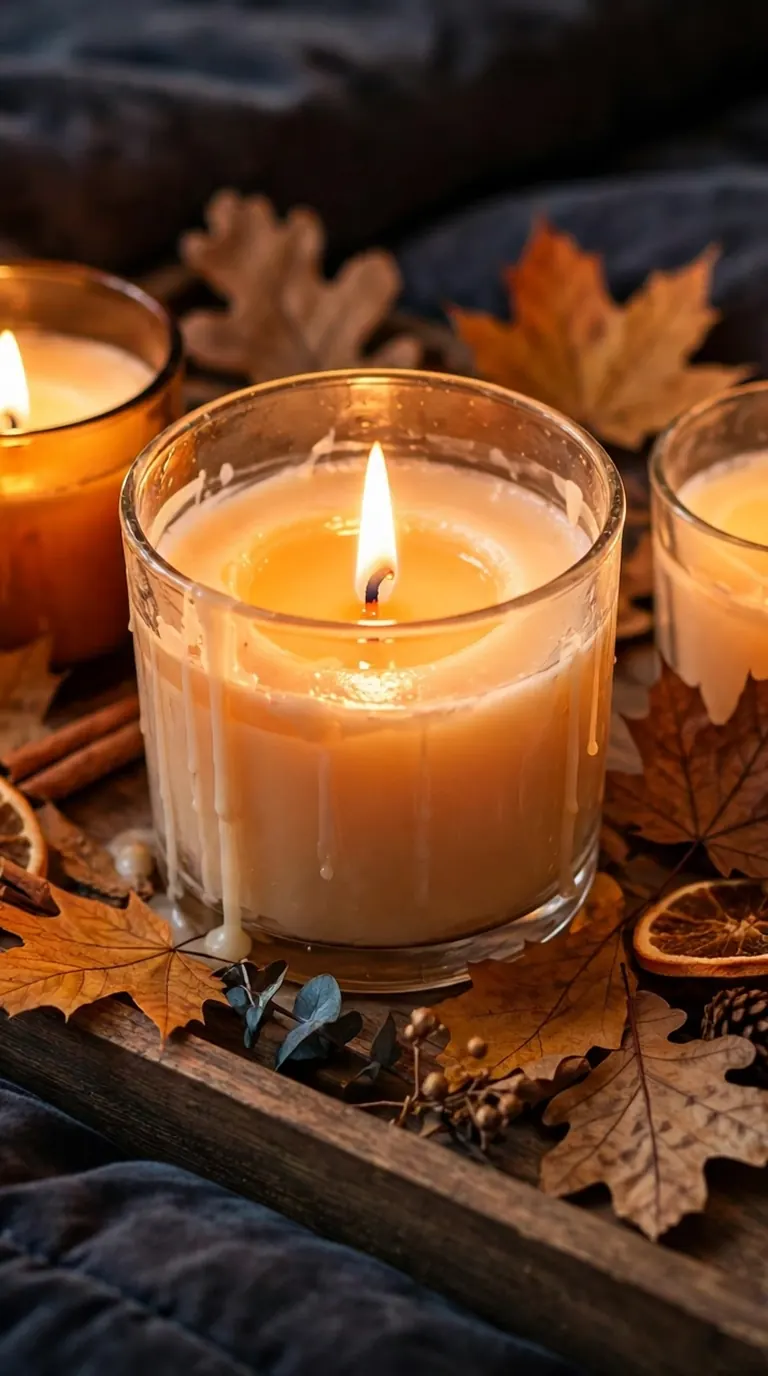 Lit pumpkin candles and autumn leaves on a tray in a Halloween bedroom