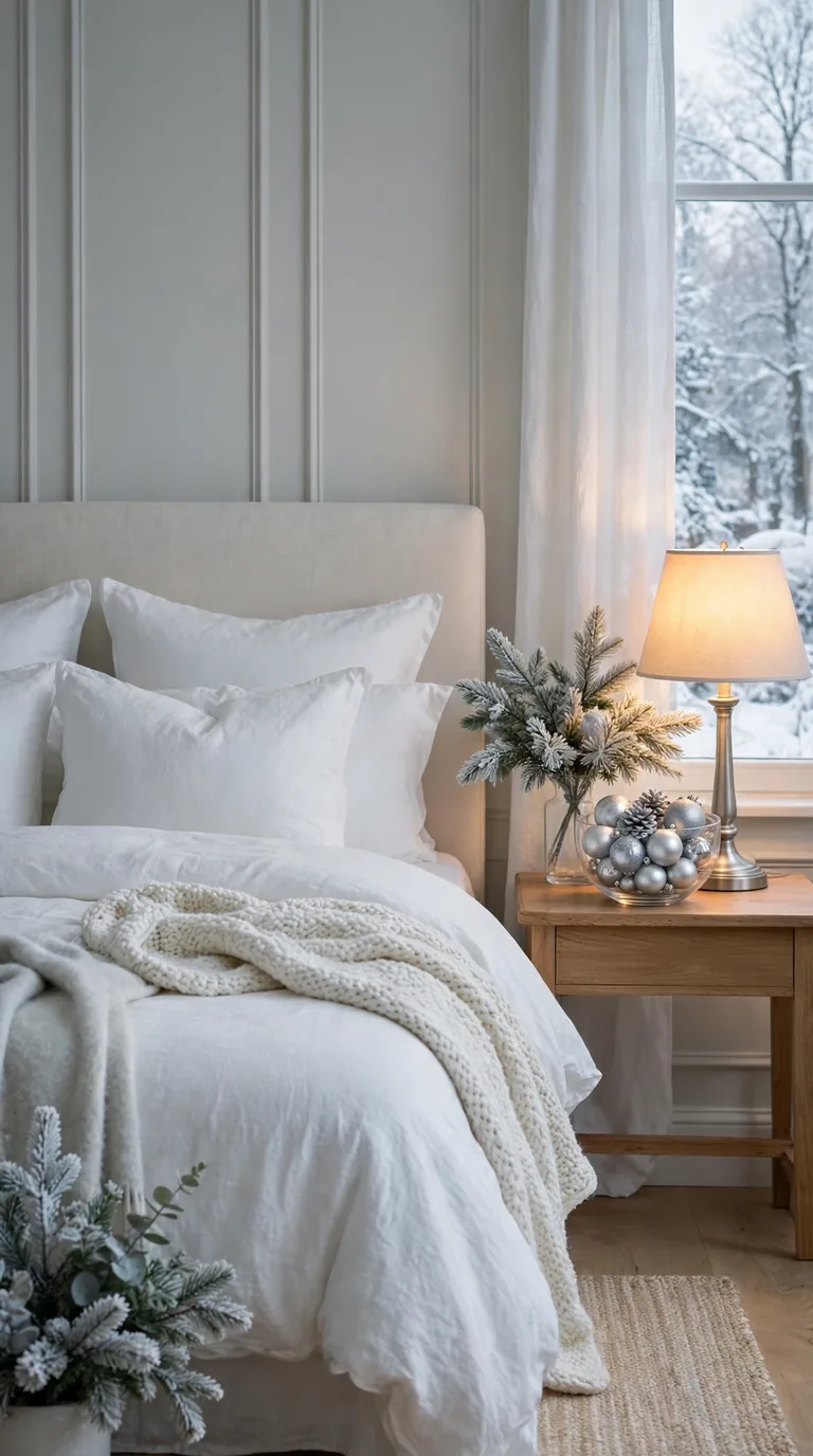White and silver winter guest bedroom with frosted pine branches