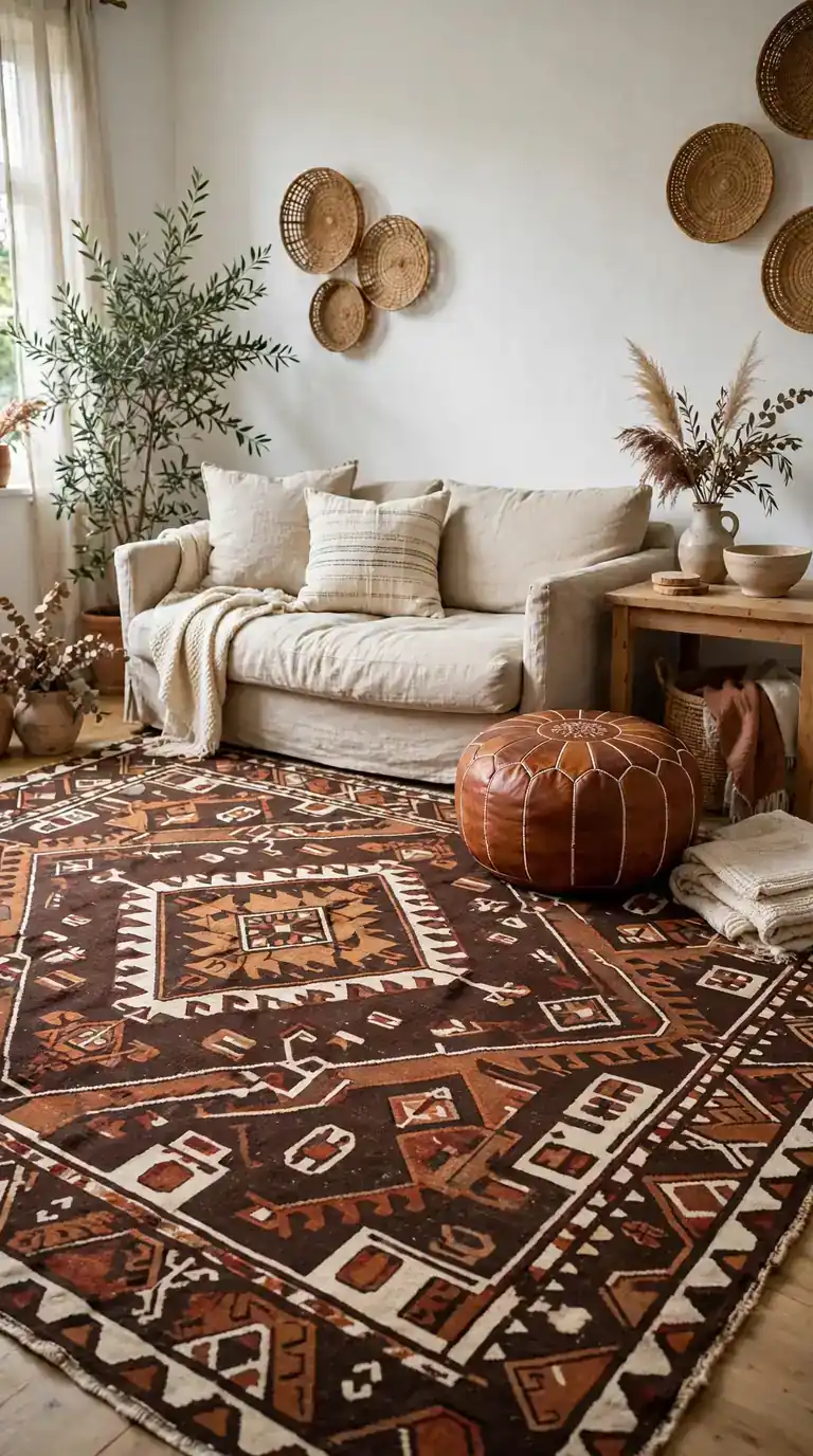 Brown kilim patterned rug as a statement piece in an eclectic living room