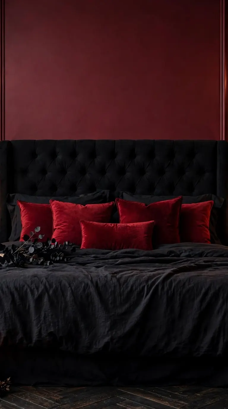 Halloween bedroom with deep red accent wall and black bedding