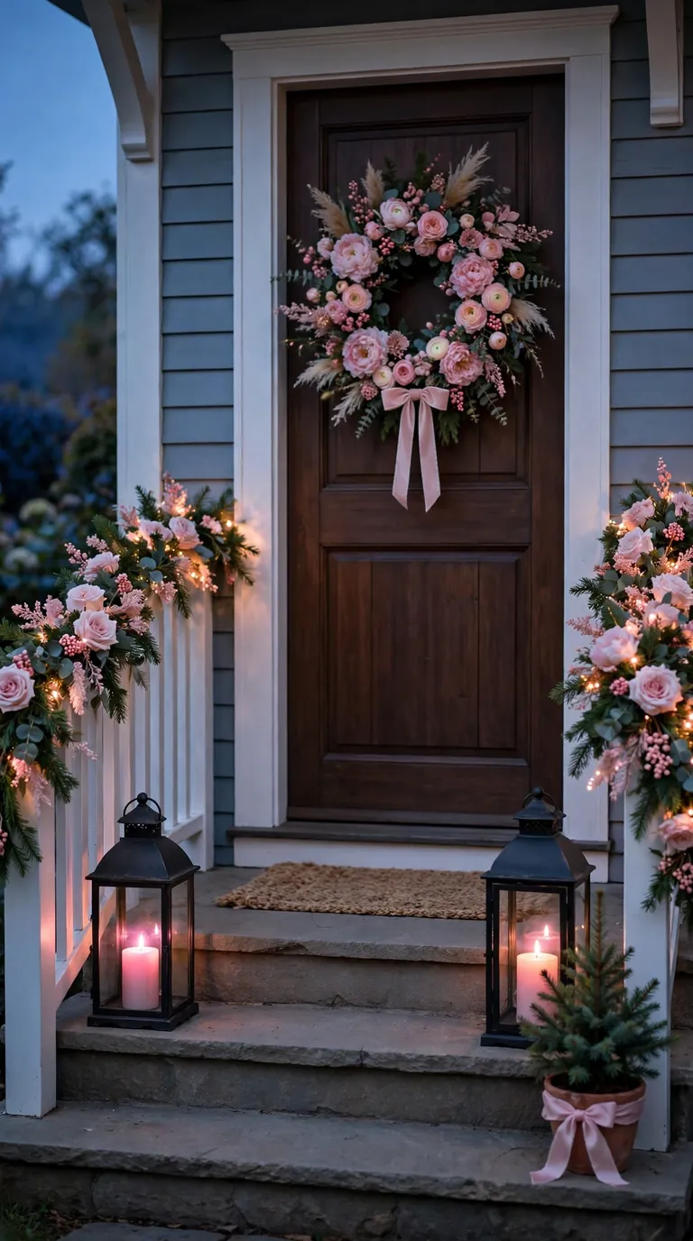 16 Pink Christmas Decor Ideas for a Pretty Holiday House porch at dusk with pink Christmas wreaths, glowing pink lanterns and blush garlands