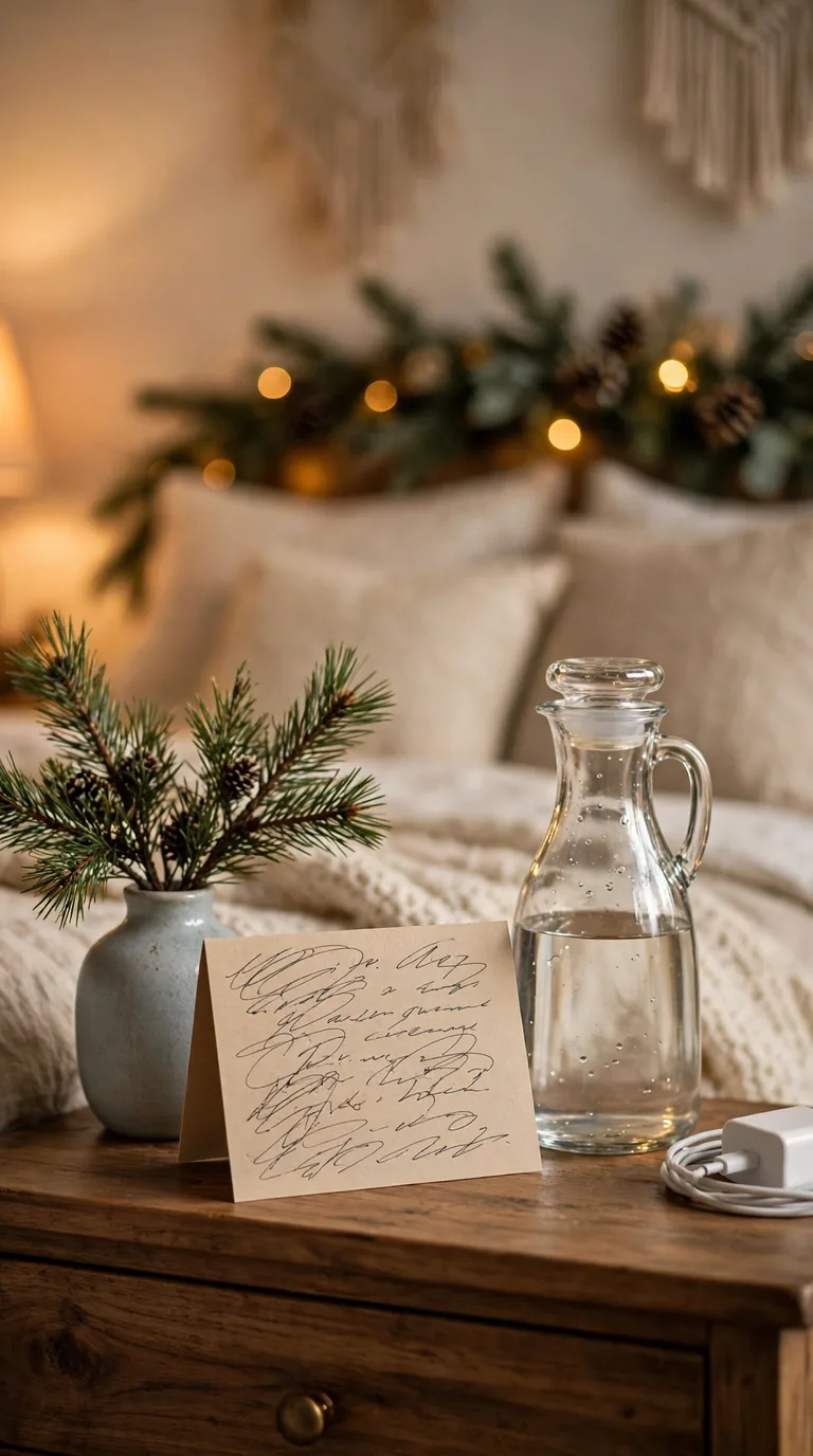 Handwritten welcome note with water carafe and charger on a nightstand