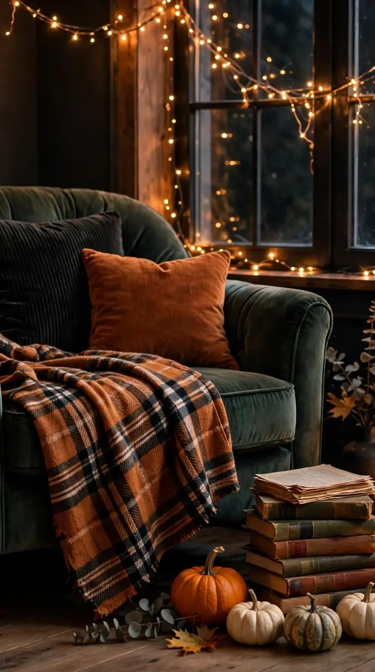 Spooky Halloween reading nook with velvet armchair, lantern and pumpkins