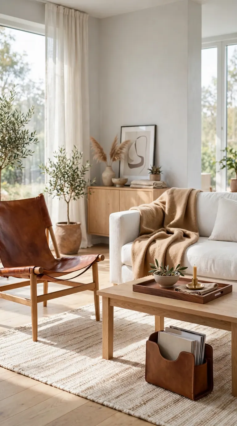Scandinavian living room with light oak furniture and warm brown accents