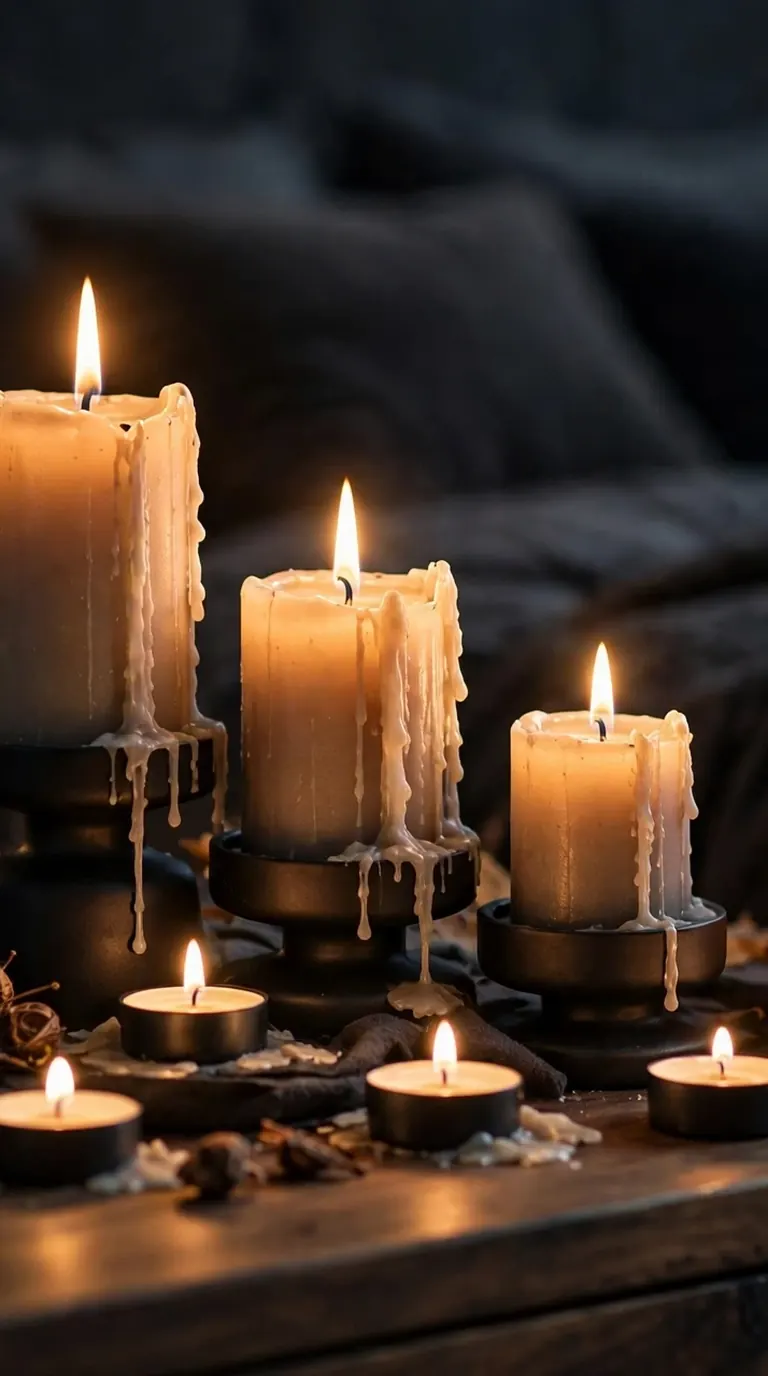 Candlelit Halloween bedroom decor vignette with pillar candles and a small pumpkin on the nightstand